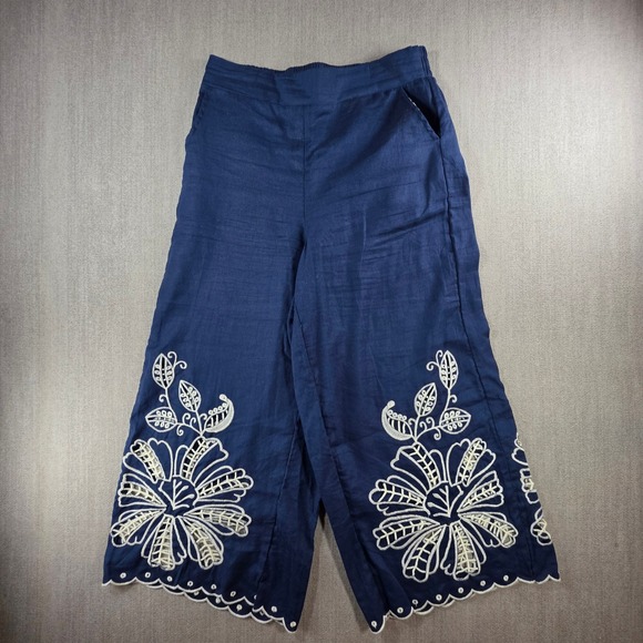 Christian Siriano Pants - Christian Siriano‎ Pants Womens Medium Blue Linen Blend Embroidered Eyelet Crop